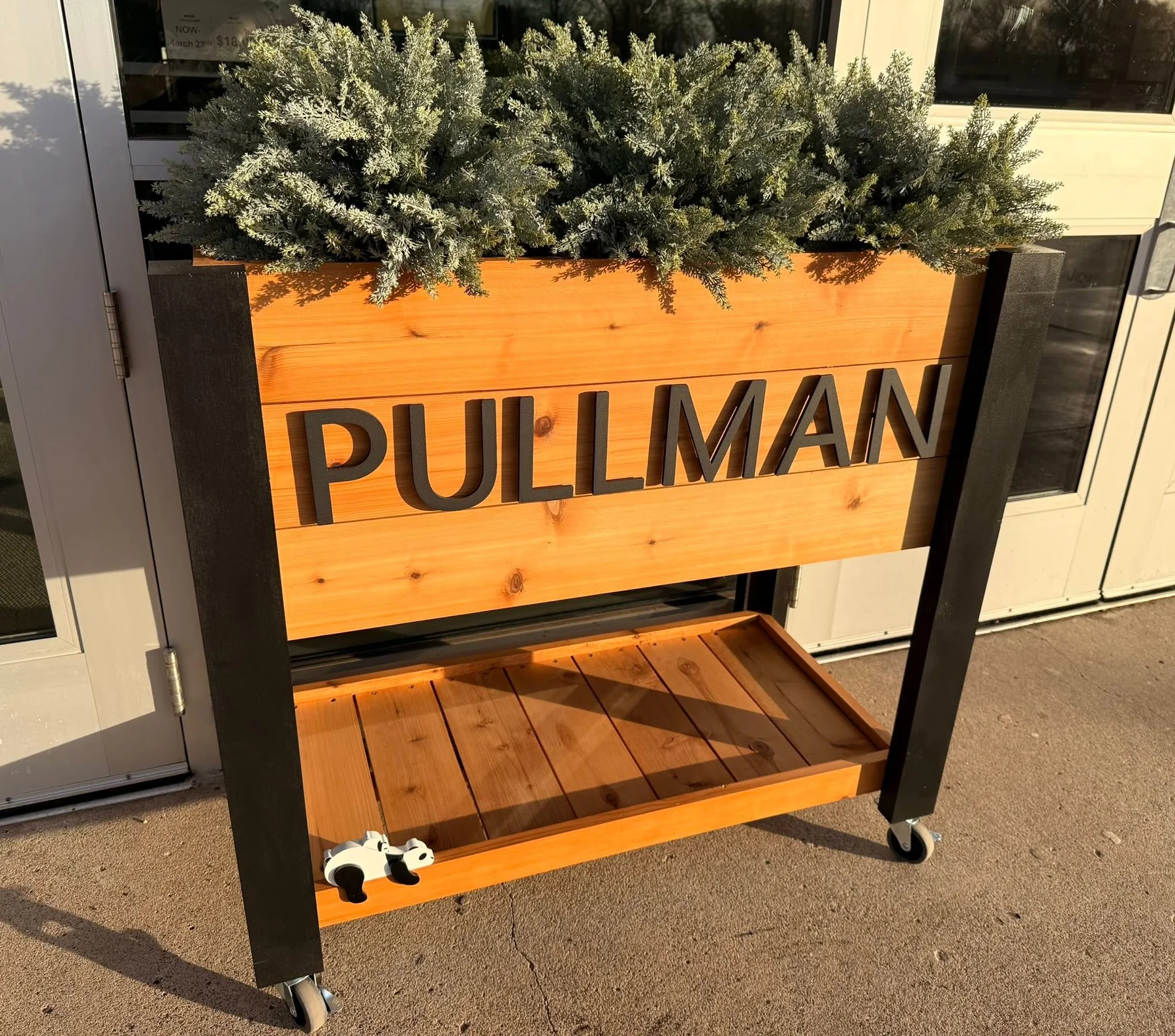 Custom cedar planter for Pullman Elementary with dark legs and casters